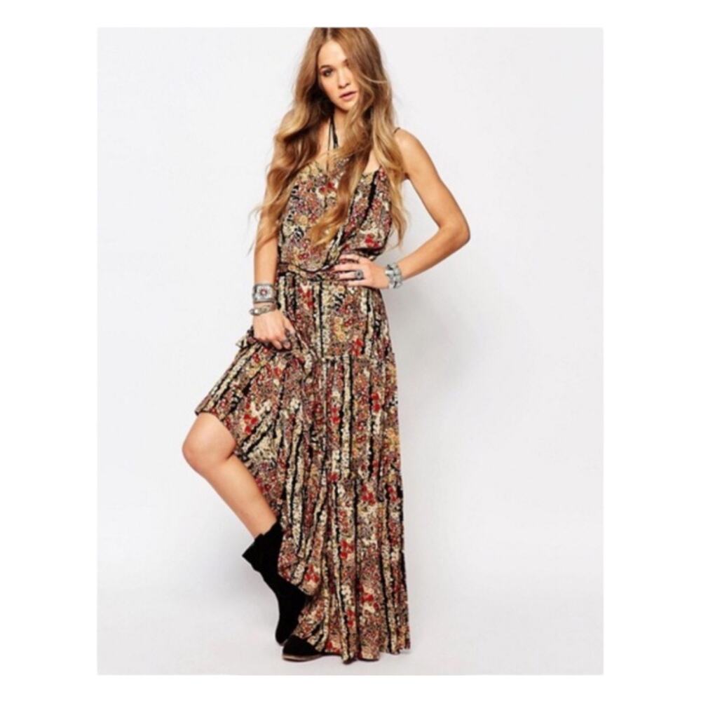 Free People Valerie Tiered Maxi Dress Medium Dark Floral Sleeveless Boho Fall